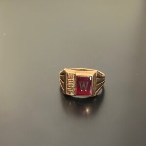 Stylish Gold Ring with Red Accent class ring size 4 1/2 I think.